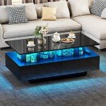 YITAHOME LED Coffee Table with Storage, High Glossy LED Coffee Tables for Living Room, Modern Black Rectangle Coffe Table, Small Center Table with Open Display Shelf & Sliding Drawers, Black