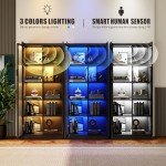 Display Cabinet with Doors and Adjustable Shelves, 65" Tall Bookcase with LED Lights/Human Sensor, 5 Tier Display Case for Collectibles Bedroom Living Room Office, Black - Smoked Black Door