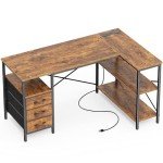 Huuger L Shaped Desk with Power Outlets, Computer Desk with 3 Drawers, 47 Inch Office Desk with Shelves, Gaming Desk, Corner Desk Work Desk for Home Office, Study, Rustic Brown