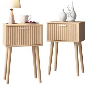 LAATOOREE Nightstands Set of 2, Small Side Table, Bedside Table with Fluted Door, Solid Wood Feet; Modern Mid-Century End Table for Bedroom, Small Space (Natural)
