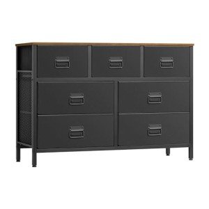 SONGMICS Dresser for Bedroom, Storage Organizer Unit with 7 Fabric Drawers, Chest of Drawers, Steel Frame, for Living Room, Entryway, Rustic Brown and Black ULTS227B01