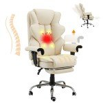 HOMREST 6-Point Massage Executive Chair,Heat Office Chair,Ergonomic Home Office Desk Chairs with Retractable Footrest and Reclining Function,Leather Computer Chair with Adjustable Armrest(‌Off White)