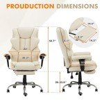 HOMREST 6-Point Massage Executive Chair,Heat Office Chair,Ergonomic Home Office Desk Chairs with Retractable Footrest and Reclining Function,Leather Computer Chair with Adjustable Armrest(‌Off White)