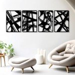 Zzbakress 4 Pieces Abstract Metal Wall Art, Minimalist Art Decoration, Paintings Wall Decor, 3D Structure Sculptures Decor for Living Room Bedroom Bathroom Office (Black style 1)
