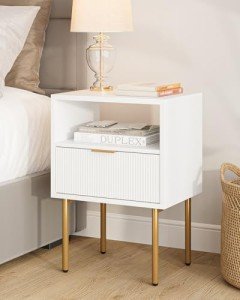 Masupu Nightstand,Mid-Century Modern Bedside Table with Storage Drawer and Open Wood Shelf,Small Gold Frame Side Table for Bedroom,Living Room,White