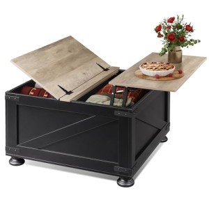 WLIVE Farmhouse Lift Top Coffee Table with Storage, 31.5" Square Center Table, Flip-Top Hidden Compartment, Wood-Grain Coffee Table for Living Room, Bedroom, Black