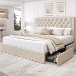 LARMACE King Size Platform Bed Frame with 4 Storage Drawers and Headboard Linen Upholstered Bed Frame Tufted Beds with Wood Slats Support, Easy Assembly, Noise-Free, Beige