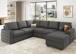 HONBAY Sectional Sleeper Sofa with Pull Out Bed U-shape Sectional Couch Sleeper Bed with Storage Chaise Lounge Living Room 6 Seater Sectional Sofa Bed, Light Grey, 111.4''(L)*85.8''(W)*35''(H)
