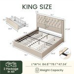 LARMACE King Size Platform Bed Frame with 4 Storage Drawers and Headboard Linen Upholstered Bed Frame Tufted Beds with Wood Slats Support, Easy Assembly, Noise-Free, Beige