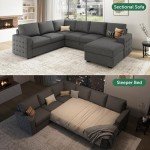 HONBAY Sectional Sleeper Sofa with Pull Out Bed U-shape Sectional Couch Sleeper Bed with Storage Chaise Lounge Living Room 6 Seater Sectional Sofa Bed, Light Grey, 111.4''(L)*85.8''(W)*35''(H)