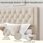 LARMACE King Size Platform Bed Frame with 4 Storage Drawers and Headboard Linen Upholstered Bed Frame Tufted Beds with Wood Slats Support, Easy Assembly, Noise-Free, Beige
