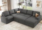 HONBAY Sectional Sleeper Sofa with Pull Out Bed U-shape Sectional Couch Sleeper Bed with Storage Chaise Lounge Living Room 6 Seater Sectional Sofa Bed, Light Grey, 111.4''(L)*85.8''(W)*35''(H)