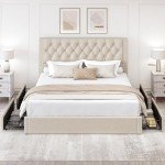 LARMACE King Size Platform Bed Frame with 4 Storage Drawers and Headboard Linen Upholstered Bed Frame Tufted Beds with Wood Slats Support, Easy Assembly, Noise-Free, Beige