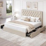 LARMACE King Size Platform Bed Frame with 4 Storage Drawers and Headboard Linen Upholstered Bed Frame Tufted Beds with Wood Slats Support, Easy Assembly, Noise-Free, Beige