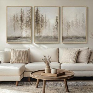 Framed Netural Wall Art for Living Room, Large 3 Piece Abstract Pastel Grunge Forest Landscape Tree Canvas Artwork Set, Modern Art Decorative Nordic Painting Picture Prints for Hallway Office 24x36 In