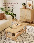 VASAGLE 2-Tier Coffee Table for Living Room, Living Room Table Rectangular Center Table, with PVC Rattan Storage Shelf, Rounded Corners, Easy Assembly, Boho Style, Oak Beige ULCT240Y57