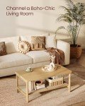 VASAGLE 2-Tier Coffee Table for Living Room, Living Room Table Rectangular Center Table, with PVC Rattan Storage Shelf, Rounded Corners, Easy Assembly, Boho Style, Oak Beige ULCT240Y57
