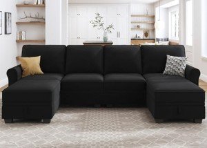 HONBAY Black Velvet U Shaped Sectional Sofa with Storage Seat, 6 Seat, Modern Style, 102.4" x 61.0" x 34.6"