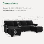 HONBAY Black Velvet U Shaped Sectional Sofa with Storage Seat, 6 Seat, Modern Style, 102.4" x 61.0" x 34.6"