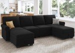 HONBAY Black Velvet U Shaped Sectional Sofa with Storage Seat, 6 Seat, Modern Style, 102.4" x 61.0" x 34.6"
