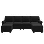 HONBAY Black Velvet U Shaped Sectional Sofa with Storage Seat, 6 Seat, Modern Style, 102.4" x 61.0" x 34.6"