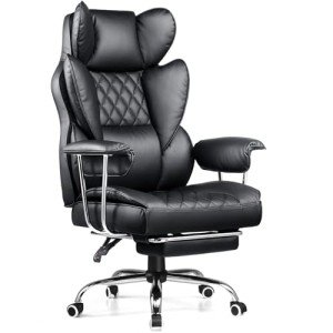 COMHOMA Big and Tall Office Chair, High Back Leather Gaming Chair with Footrest, Executive Ergonomic Office Chair with Pocket Spring Lumbar Support and with Outward Fixed Soft Armrests