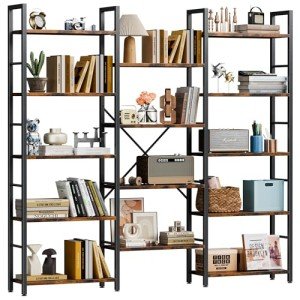 Shintenchi Triple 5 Tier Bookshelf, Industrial Large Bookcase with 14 Open Display Shelves, Large Etagere Bookshelf,Wide Book Shelf Book Case for Home & Office, Rustic Brown