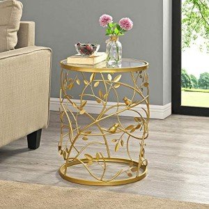 FirsTime & Co. Gold Bird and Branches End Table, Bedroom Nightstand and Living Room Side Table, Round, Metal and Glass, Cottage, 22 x 16.5 Inches