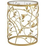 FirsTime & Co. Gold Bird and Branches End Table, Bedroom Nightstand and Living Room Side Table, Round, Metal and Glass, Cottage, 22 x 16.5 Inches