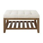 24KF Large Square Upholstered Tufted Linen Ottoman Coffee Table, Large Footrest Ottoman with Solid Wood Shelf-Ivory