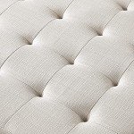 24KF Large Square Upholstered Tufted Linen Ottoman Coffee Table, Large Footrest Ottoman with Solid Wood Shelf-Ivory
