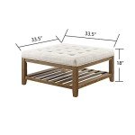 24KF Large Square Upholstered Tufted Linen Ottoman Coffee Table, Large Footrest Ottoman with Solid Wood Shelf-Ivory