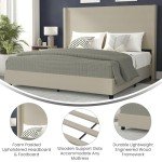 EMMA + OLIVER Nora Wingback Platform Bed - Beige Faux Linen Upholstery - Durable Engineered Wood Frame - No Box Spring Needed - Lightweight Design - King