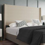 EMMA + OLIVER Nora Wingback Platform Bed - Beige Faux Linen Upholstery - Durable Engineered Wood Frame - No Box Spring Needed - Lightweight Design - King