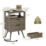 JOONEE Nightstand with Charging Station and LED Lights,Modern Bedside Table with 2 Storage Drawer and Open Wood Shelf, for Bedroom and Small Spaces,Night Stand with Solid Wood Legs,GreyOak