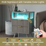 JOONEE Nightstand with Charging Station and LED Lights,Modern Bedside Table with 2 Storage Drawer and Open Wood Shelf, for Bedroom and Small Spaces,Night Stand with Solid Wood Legs,GreyOak