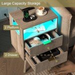 JOONEE Nightstand with Charging Station and LED Lights,Modern Bedside Table with 2 Storage Drawer and Open Wood Shelf, for Bedroom and Small Spaces,Night Stand with Solid Wood Legs,GreyOak