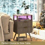JOONEE Nightstand with Charging Station and LED Lights,Modern Bedside Table with 2 Storage Drawer and Open Wood Shelf, for Bedroom and Small Spaces,Night Stand with Solid Wood Legs,GreyOak