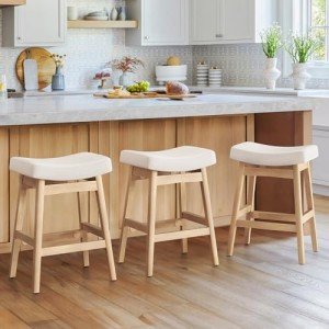Cozyman Bar Stools Set of 3, Barstools with Sturdy Wood Legs, Saddle Seat Counter Height Bar Stools for Kitchen Counter, Bar, Dining, 24 Inch Farmhouse Counter Stools, Beige Fabric