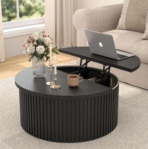 Fsbecl Lift Top Coffee Table with Storage, Round Coffee Tables for Living Room, 34.6In Farmhouse Fluted Coffee Table, Wood Center Table with Large Hiddern Storage Compartment (Black)