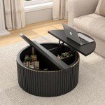 Fsbecl Lift Top Coffee Table with Storage, Round Coffee Tables for Living Room, 34.6In Farmhouse Fluted Coffee Table, Wood Center Table with Large Hiddern Storage Compartment (Black)