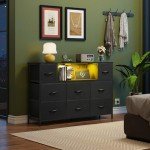 WLIVE Black Dresser for Bedroom, TV Stand for Bedroom for 55 inch TV with Charging Station and LED Lights, Fabric Chest of Drawers with Open Shelves, 8 Drawers Dressers for Living Room, Closet