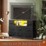WLIVE Black Dresser for Bedroom, TV Stand for Bedroom for 55 inch TV with Charging Station and LED Lights, Fabric Chest of Drawers with Open Shelves, 8 Drawers Dressers for Living Room, Closet