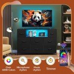 WLIVE Black Dresser for Bedroom, TV Stand for Bedroom for 55 inch TV with Charging Station and LED Lights, Fabric Chest of Drawers with Open Shelves, 8 Drawers Dressers for Living Room, Closet