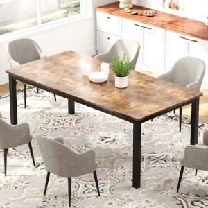 GarveeHome 70.8in Industrial Dining Table for 6, Wooden Long Dinner Table with Mortise Tenon Design, Kitchen Table with Sturdy Metal Legs, for Dining Room Home Office Living Room, Retro Brown