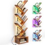 Casaottima Tree Bookshelf with LED Light Strip — 6-Tier Corner Shelf with Cabinet, Narrow Floor Standing Bookcase, Small Steel&Wood Book Shelf, Home Decor for Living Room/Bedroom/Home Office, Vintage
