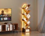 Casaottima Tree Bookshelf with LED Light Strip — 6-Tier Corner Shelf with Cabinet, Narrow Floor Standing Bookcase, Small Steel&Wood Book Shelf, Home Decor for Living Room/Bedroom/Home Office, Vintage