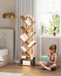 Casaottima Tree Bookshelf with LED Light Strip — 6-Tier Corner Shelf with Cabinet, Narrow Floor Standing Bookcase, Small Steel&Wood Book Shelf, Home Decor for Living Room/Bedroom/Home Office, Vintage