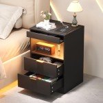 Yusong Night Stand, Bedside Table, LED Nightstand with Charging Station, Modern Night Stand, Wood Sofa Couch End Side Table with 2 Pull-Out Shelf (Black)