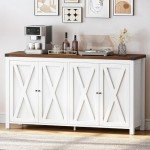 YITAHOME Farmhouse Sideboard Buffet Cabinet with Storage with 4 Doors, 55'' Large Kitchen Storage Cabinet, Coffee Bar Cabinet with Adjustable Shelf for Kitchen, Living Room, White